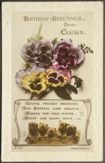 画像1: イギリス アンティークポストカード 消印1923 パンジーと仔犬たち 誕生日 (1)