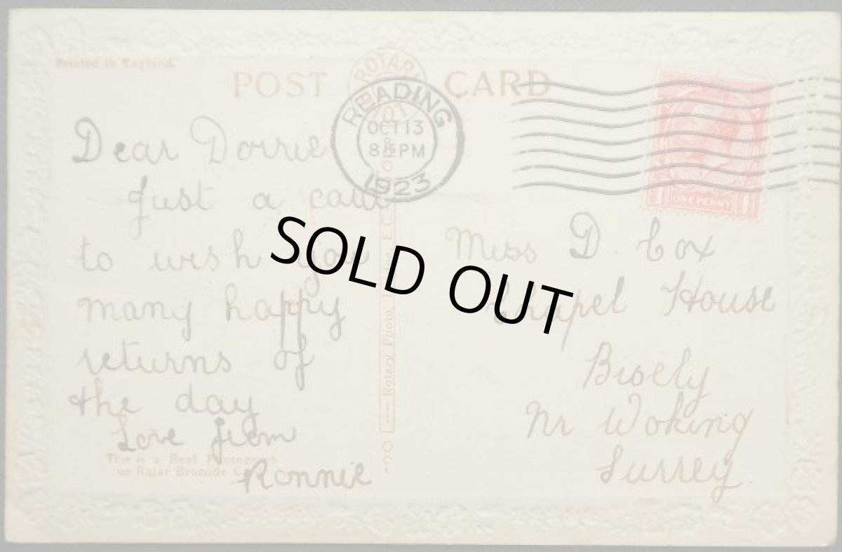 画像2: イギリス アンティークポストカード 消印1923 パンジーと仔犬たち 誕生日 (2)