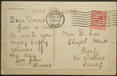画像2: イギリス アンティークポストカード 消印1923 パンジーと仔犬たち 誕生日 (2)