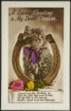 画像1: イギリス アンティークポストカード 消印1934年 パープルリボンの仔猫と運気とお金が貯まる蹄鉄  (1)