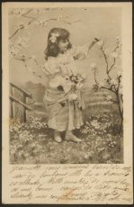 画像1: フランス 消印あり アンティーク ポストカード 花を摘む 女の子 カード (1)