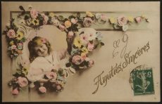 画像1: フランス 消印あり アンティークポストカード にっこり微笑む 女の子 フレームデザイン (1)
