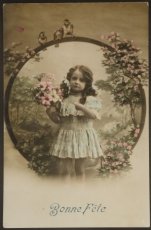 画像1: フランス アンティーク ポストカード 花と小鳥 女の子 (1)