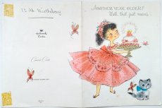 画像3: イギリス ヴィンテージ バースデーケーキを持つ赤いドレスの女の子 バースデーカード (3)
