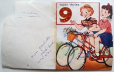 画像3: イギリス ヴィンテージ 9歳の誕生日とサイクリングする女の子たち バースデーカード (3)