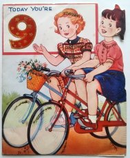 画像1: イギリス ヴィンテージ 9歳の誕生日とサイクリングする女の子たち バースデーカード (1)
