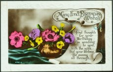 画像1: イギリス アンティークポストカード お誕生日のお祝いするカラフルなお花 (1)