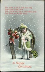 画像1: イギリス アンティーク ポストカード クリスマスカード 蹄鉄と 女の子 (1)