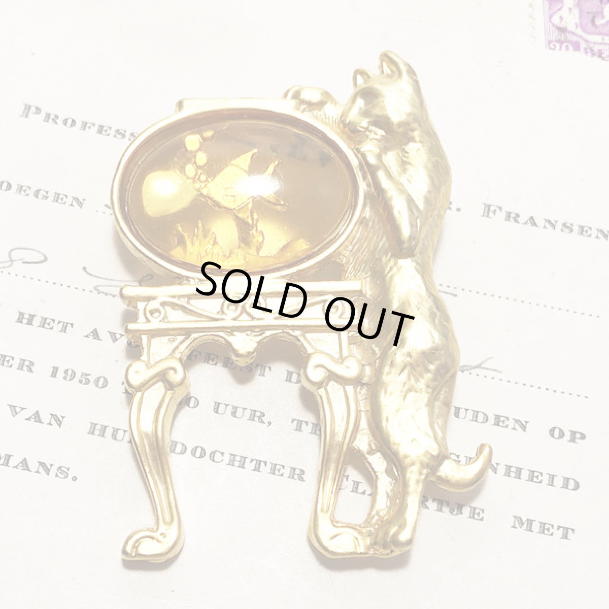 画像7: 英国ヴィンテージジュエリー 金魚鉢と猫 CAT 猫ブローチ (7)