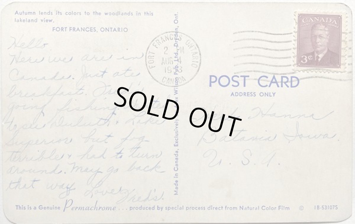 画像2: 1953年消印 切手 海外ヴィンテージポストカード FORT FRANCES ONTARIO 世界のアンティーク絵葉書 昔のポストカード (2)