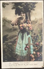 画像1: フランス アンティークポストカード 『私はフランスを愛し、それを誇りに思う』笑顔の女性 (1)