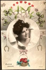画像1: フランス 切手 消印 アンティークポストカード Bonne Annee あけましておめでとうございます 女性と馬の蹄鉄 (1)