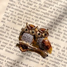 画像1: 英国ヴィンテージ・エナメルブローチ　寄り添う2羽のフクロウ  (1)