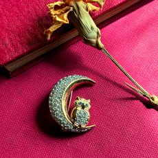 画像3: 英国ヴィンテージブローチ｜刻印BJ フクロウと月のクリスタルブローチ 知恵と幸福を運ぶ守護の鳥 (3)