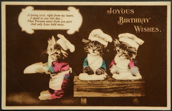 イギリス アンティークポストカード 誕生日のお祝いをしてくれる猫たち ハッピーバースデー アンティークポストカード専門店アクトンアンティークス