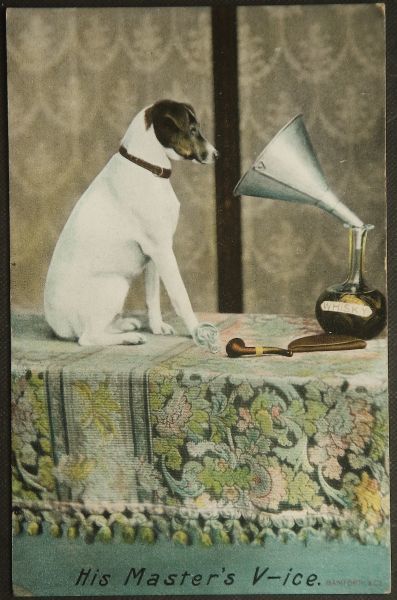 イギリス アンティークポストカード 蓄音機の前で音楽を聴く犬