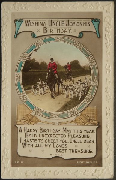 イギリス アンティークポストカード 消印あり ハンティングと犬の群れ 誕生日 バースディ