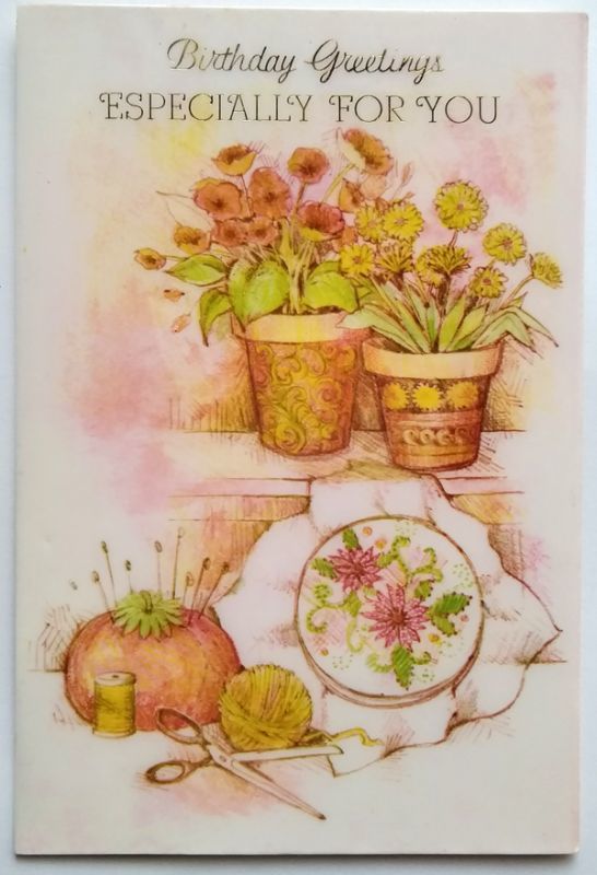 イギリス ヴィンテージ 花と刺繍 バースデーカード アンティークポストカード専門店アクトンアンティークス