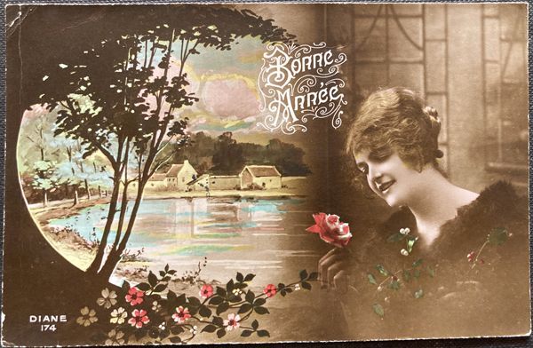 フランス アンティークポストカード Bonne Annee あけましておめでとうございます 湖畔と女性