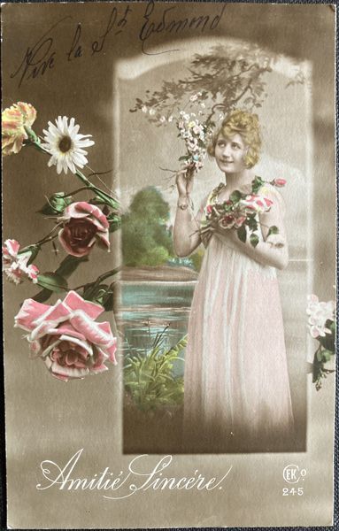 フランス アンティークポストカード Amitie Sincere 誠実な友情 きれいな女性