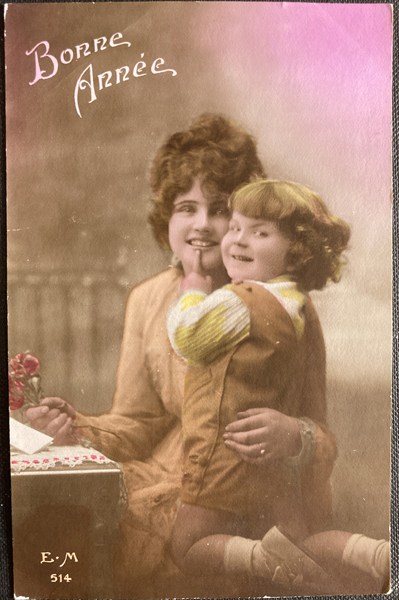 フランス アンティークポストカード Bonne Annee あけましておめでとうございます 微笑む母娘