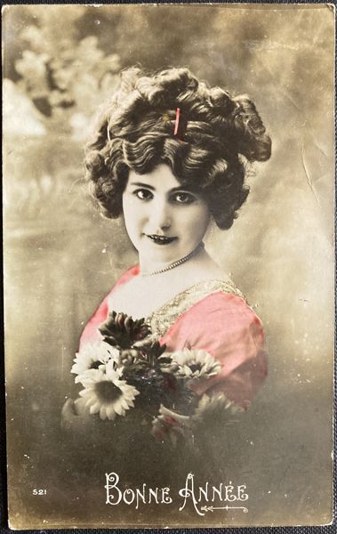 フランス アンティークポストカード Bonne Annee 良い新年を 真っすぐな眼差しの美しい女性