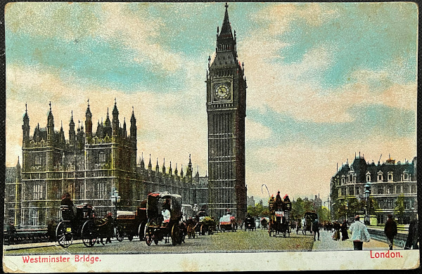 イギリス 1906年 消印あり アンティークポストカード Westminster Bridge LONDON ウェストミンスター橋